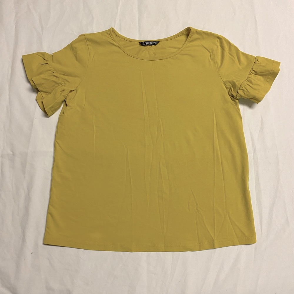 A04 Shein Blouse Yellow Flutter Sleeve Chic Colorful Short Sleeve Top Sz Small